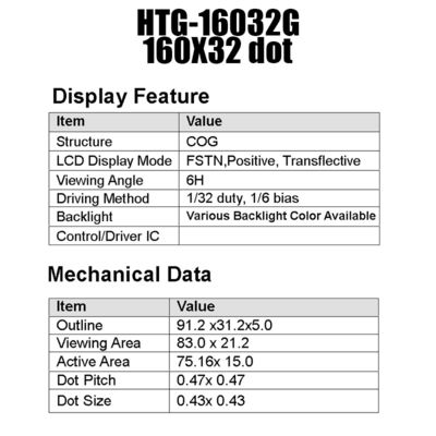 недостаток Transmissive HTG16032G модуля 160x32 ST7525 LCD COG 75.16x16mm