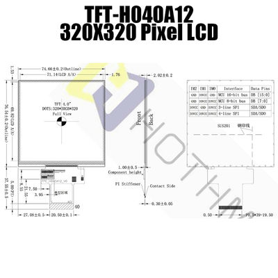 Дисплей IPS TFT LCD квадрата прочный точки 4 дюймов 320x320 с IC TFT-H040A12DHIIL4N40